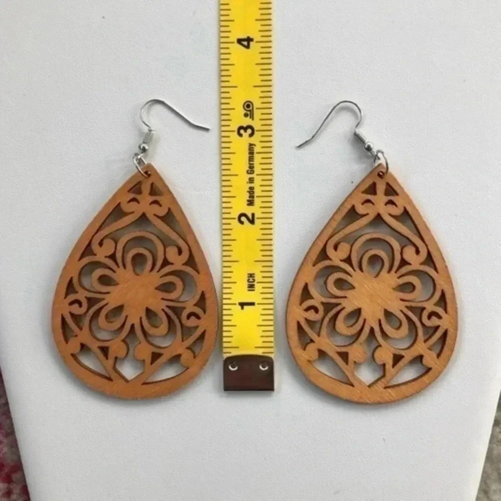 Laser Cut Flower in Teardrop Wood Wooden Drop Earrings